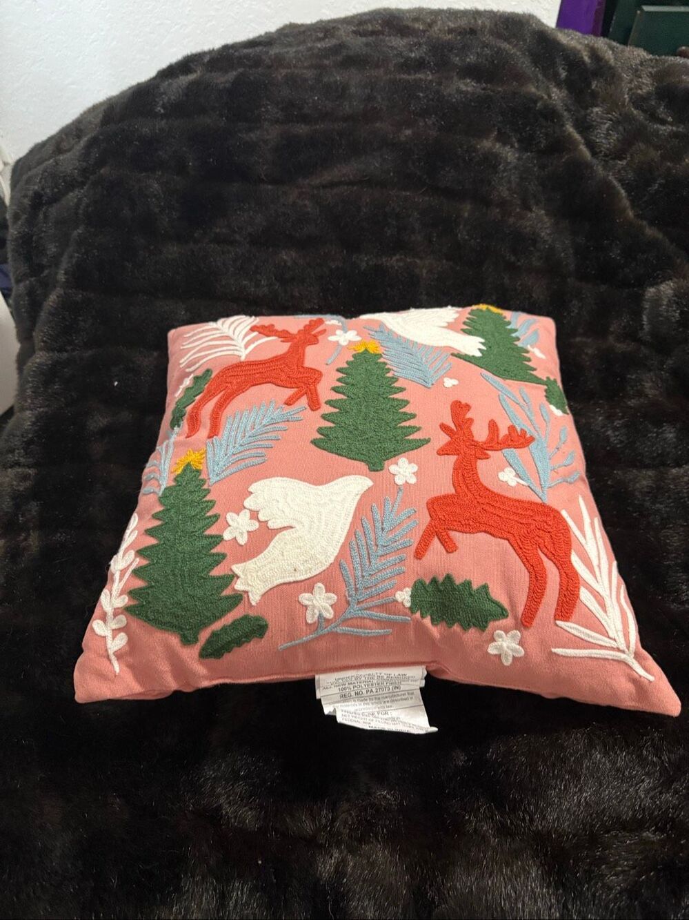 Opalhouse Jungalow Embroidered  throw pillow,  red deer and green pine trees